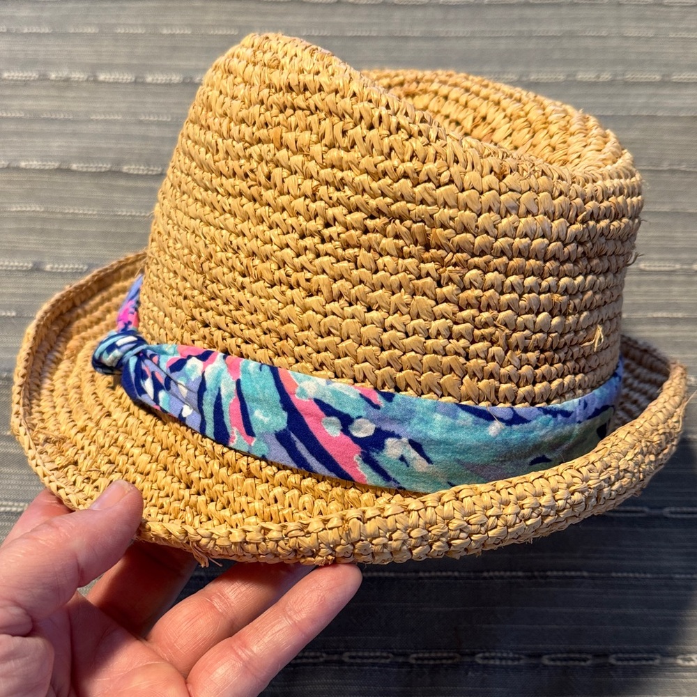 Lilly Pulitzer Poolside Straw Fedora Hat with Blue and Pink Scarf Band